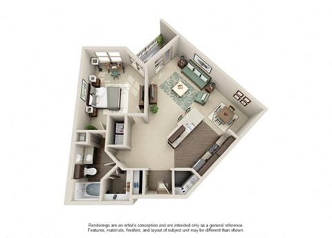 Floor plan for 1 bed, 1 bath, 939 sqft